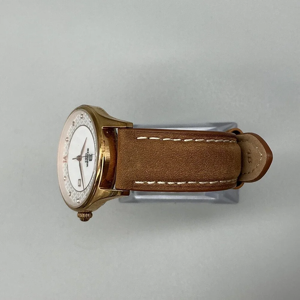 Binger B-3027L-1 Womens Watch 34mm White Dial Gold Tone Leather Date New Battery